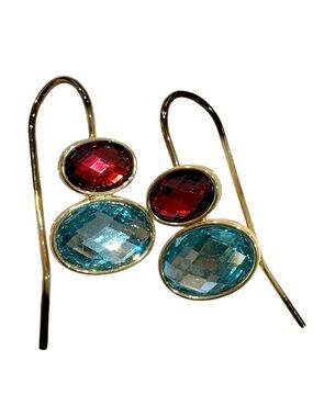 Gold-Tone Double Oval Drop Earrings with Red and Aqua Glass